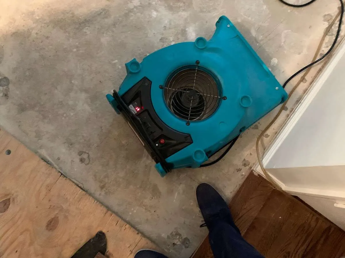 Air mover drying subfloor during Leak Detection & Repair in Owatonna